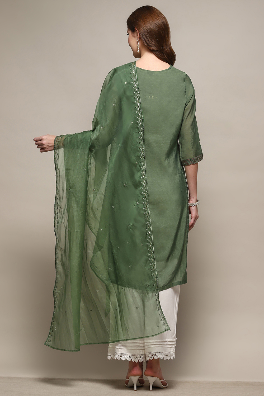 Green Embroidered Nylon Dupatta image number 3