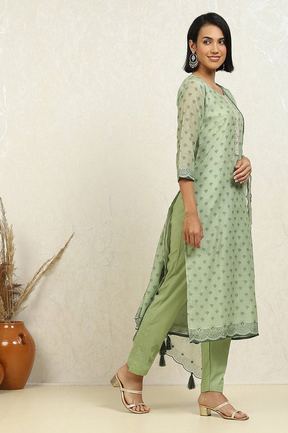 Light Green Chanderi Floral Printed Unstitched Suit Set image number 6