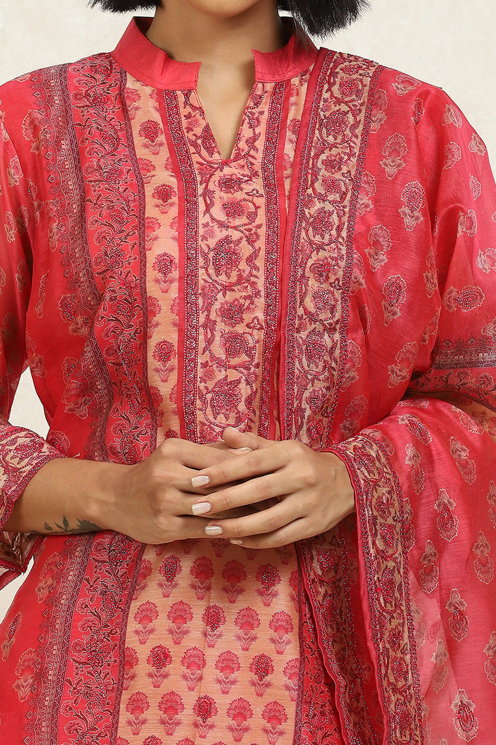 Pink Chanderi Printed Embroidered Unstitched Suit Set image number 2