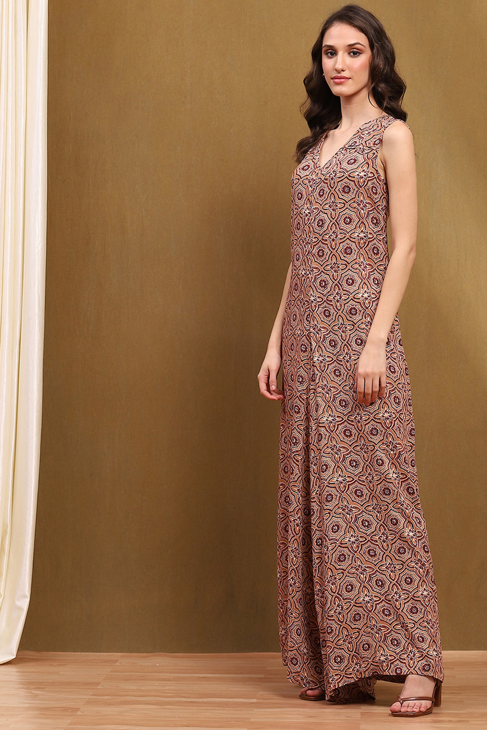 Beige Block-Printed Straight Jumpsuit image number 6