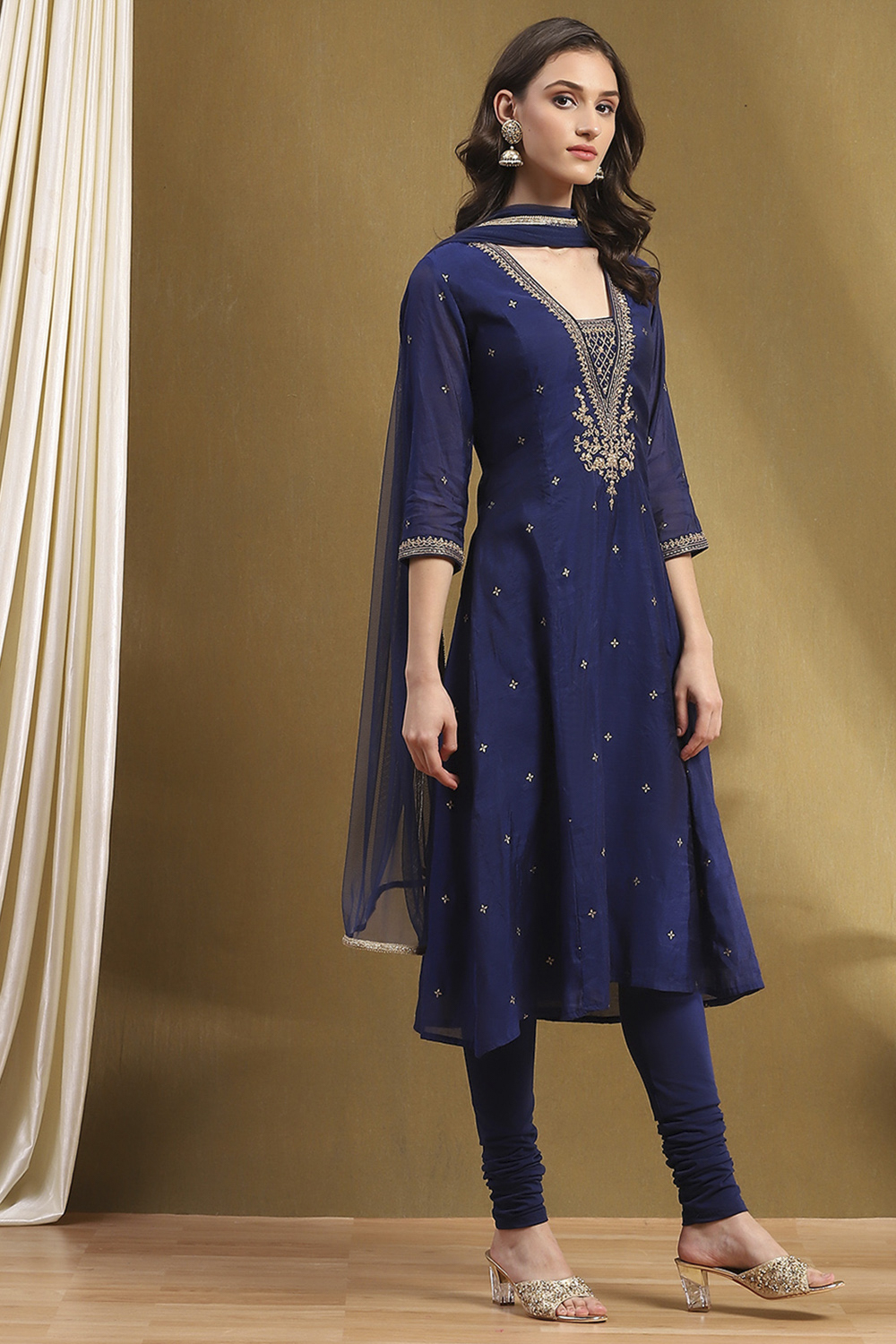 Navy Polyester Blend Kalidar Suit Set image number 5