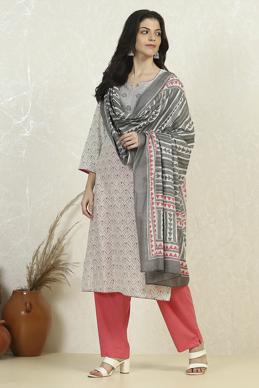 Grey Cotton Printed Embroidered Unstitched Suit Set image number 1