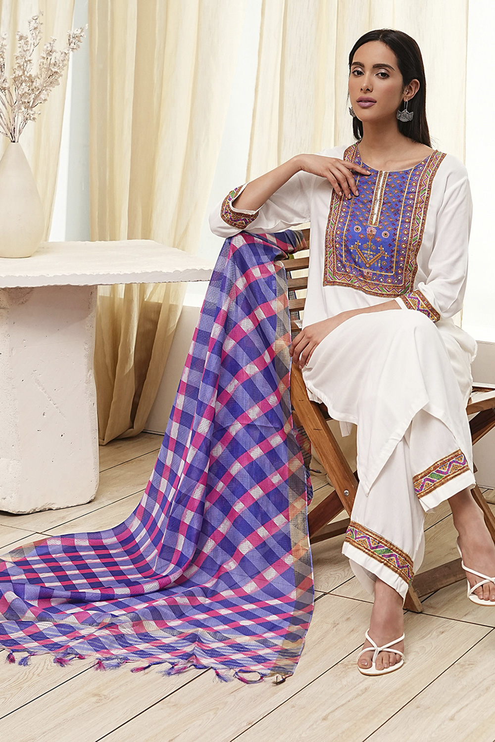 Off White & Blue Rayon Straight Kurta Palazzo Suit Set image number 0