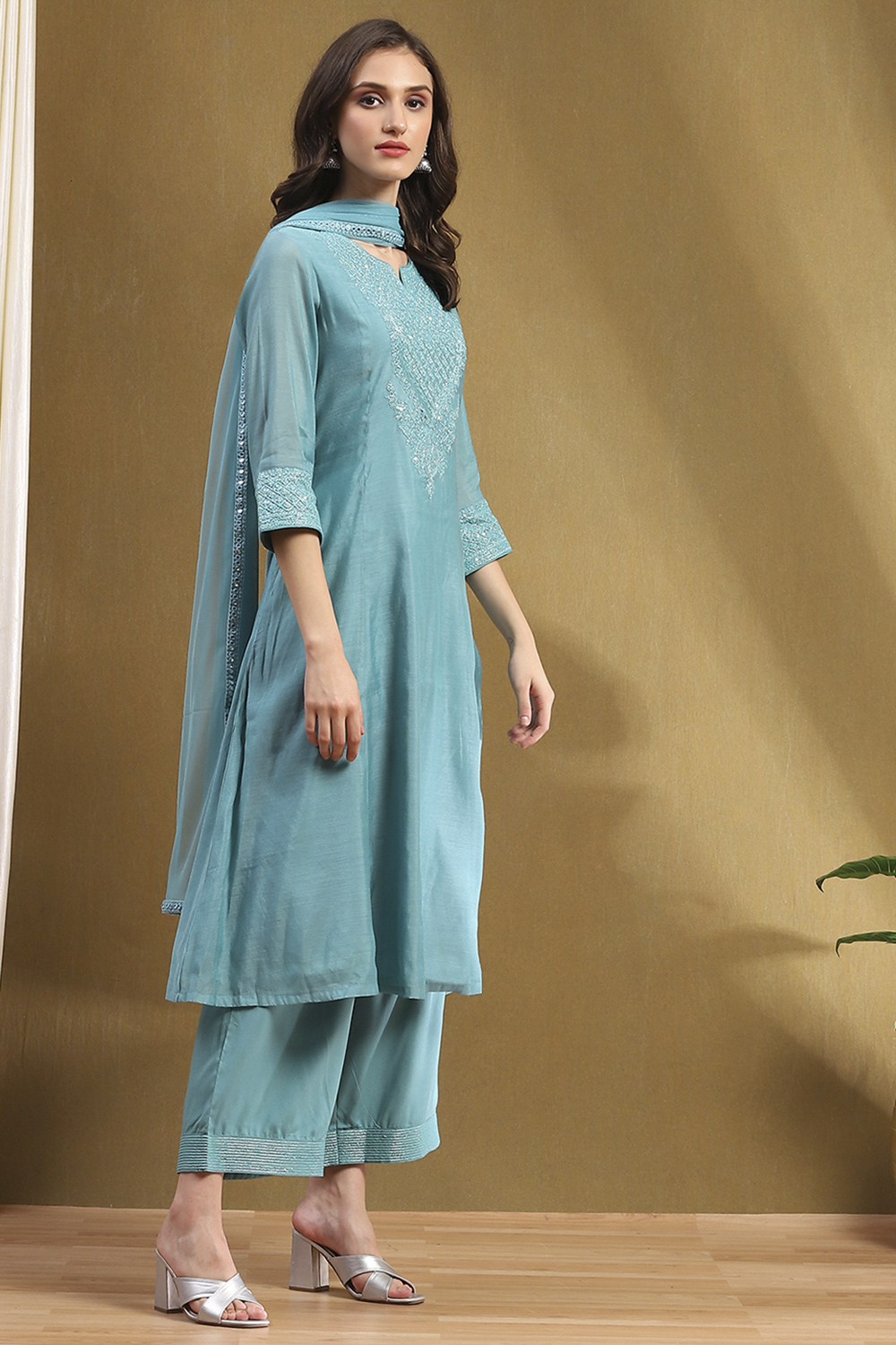 Turquoise Polyester Blend Kalidar Suit Set image number 5