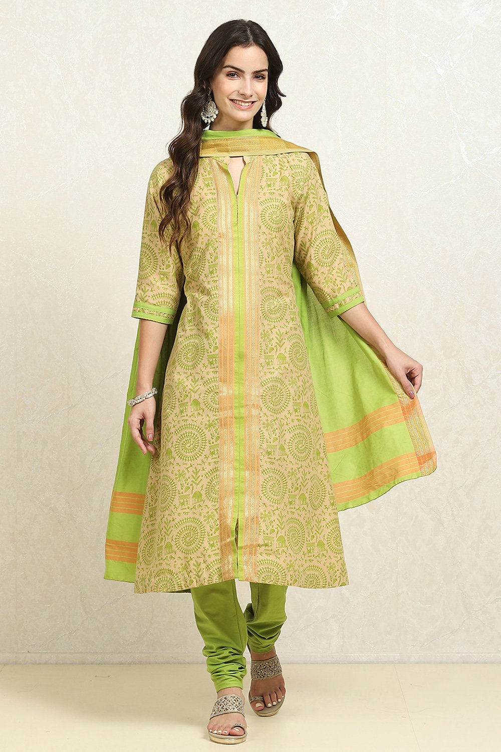 Green Cotton Handloom Unstitched Suit Set image number 7