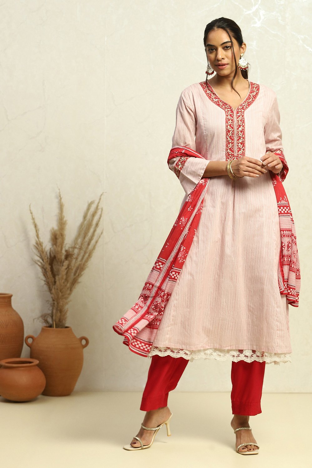 White and Rust Cotton Festive Kalidar Suit Set image number 6