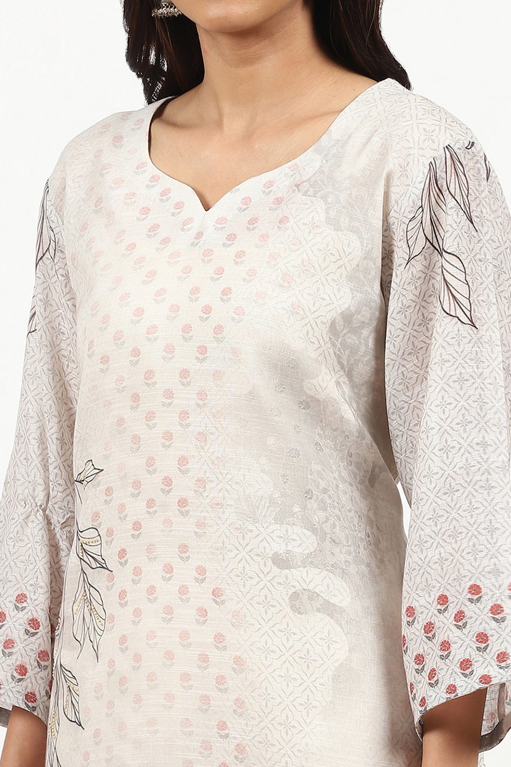 Beige Linen Floral Printed Unstitched Suit Set image number 3