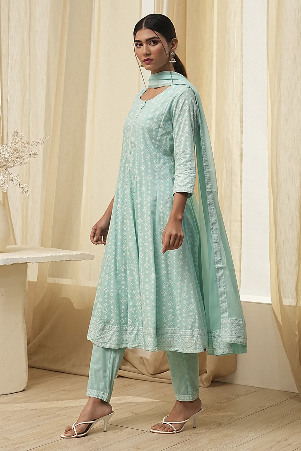 Aqua Pure Cotton Printed Kalidar Suit Set image number 3