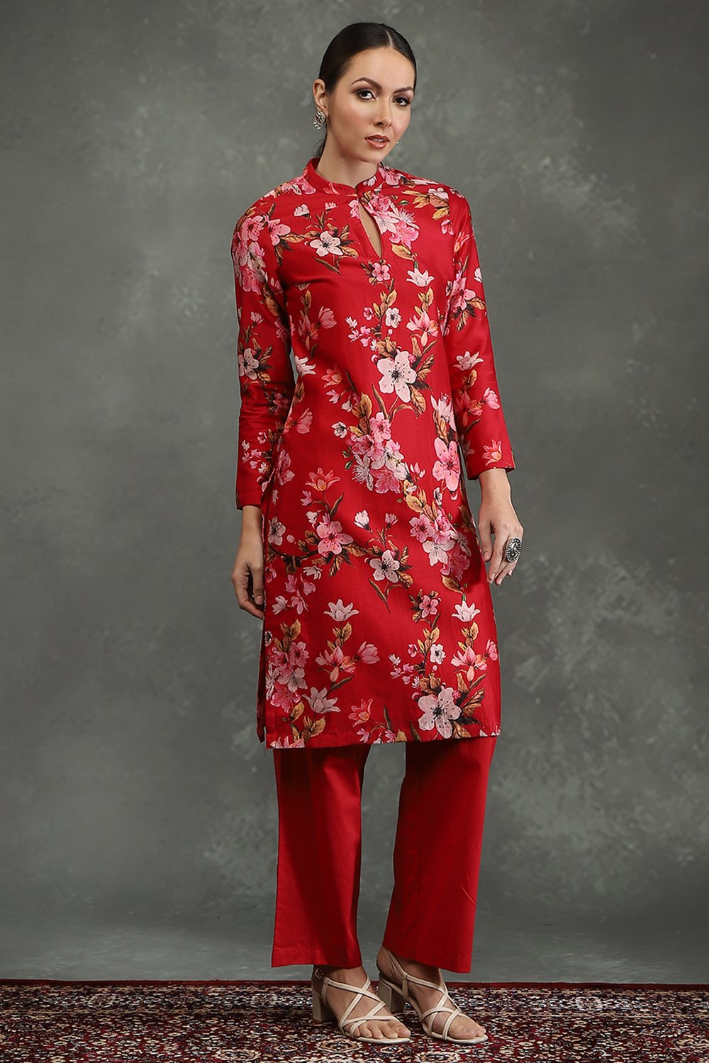 Rohit Bal Red Silk Chanderi Floral Printed Straight Kurta Set image number 7