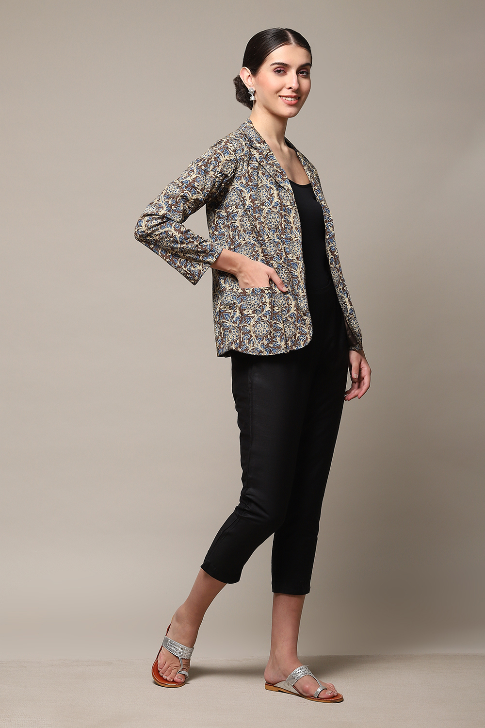 Brown Viscose Straight Printed Jacket image number 0