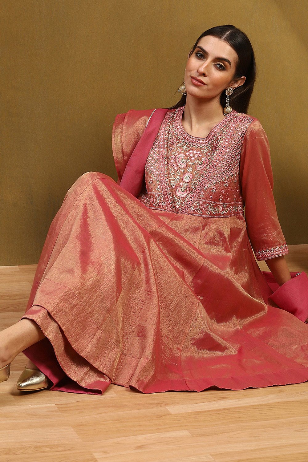 Old Rose Cotton Anarkali Suit Set image number 0