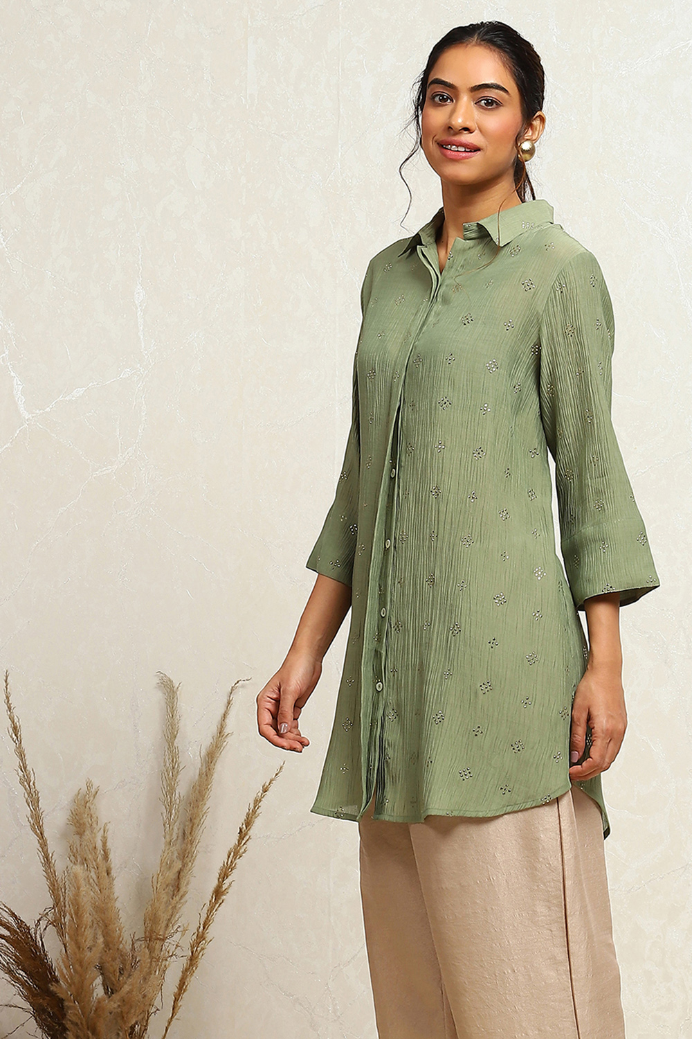 Sage Green Straight Shirt-Style Kurti image number 2