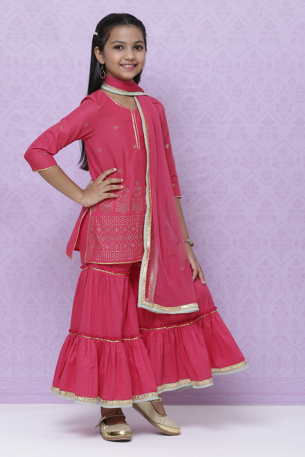 Fuchsia Cotton Girls Straight Kurta Sharara Suit Set image number 5