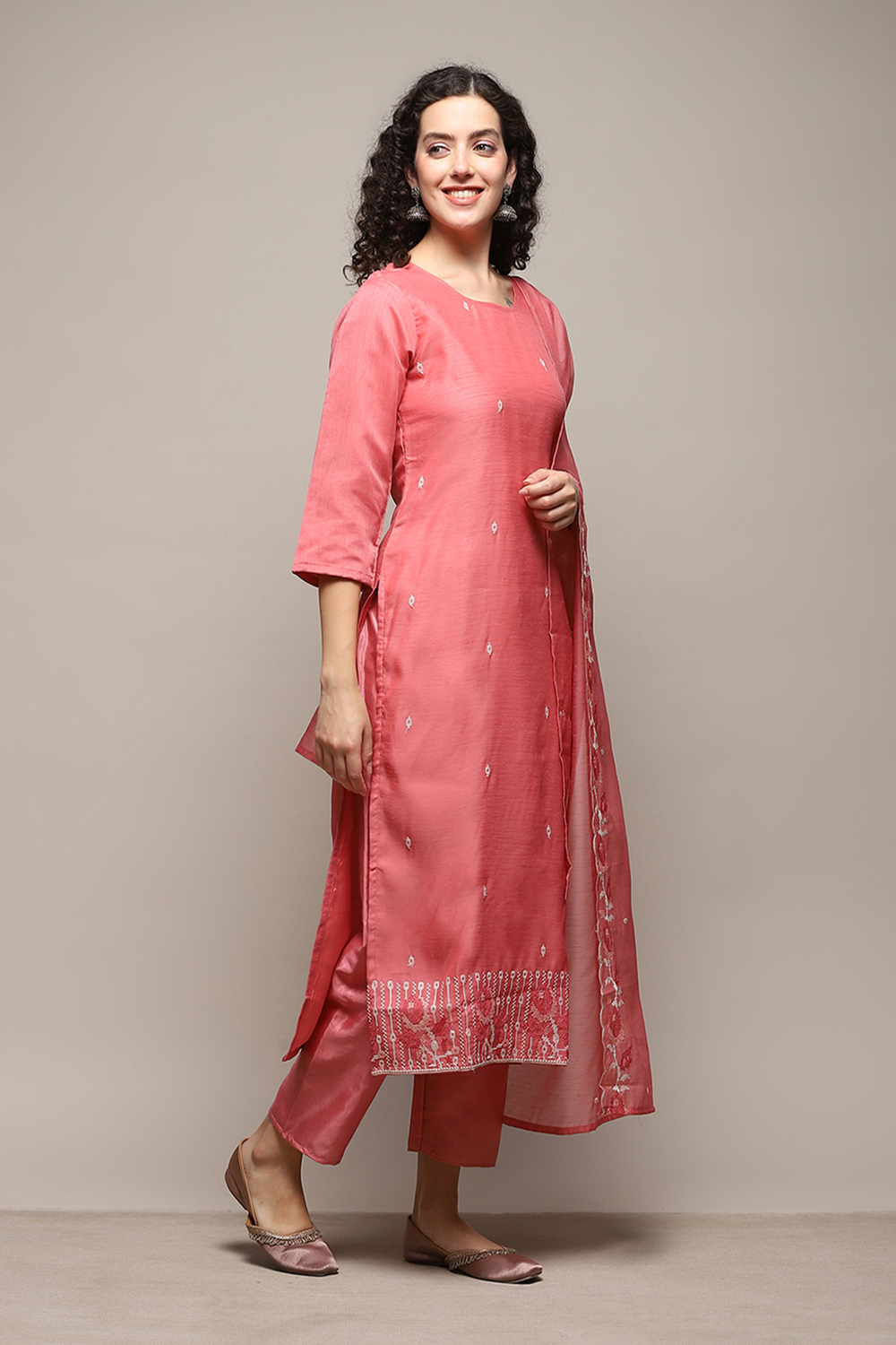 Pink Linen Blend Unstitched Suit Set image number 7