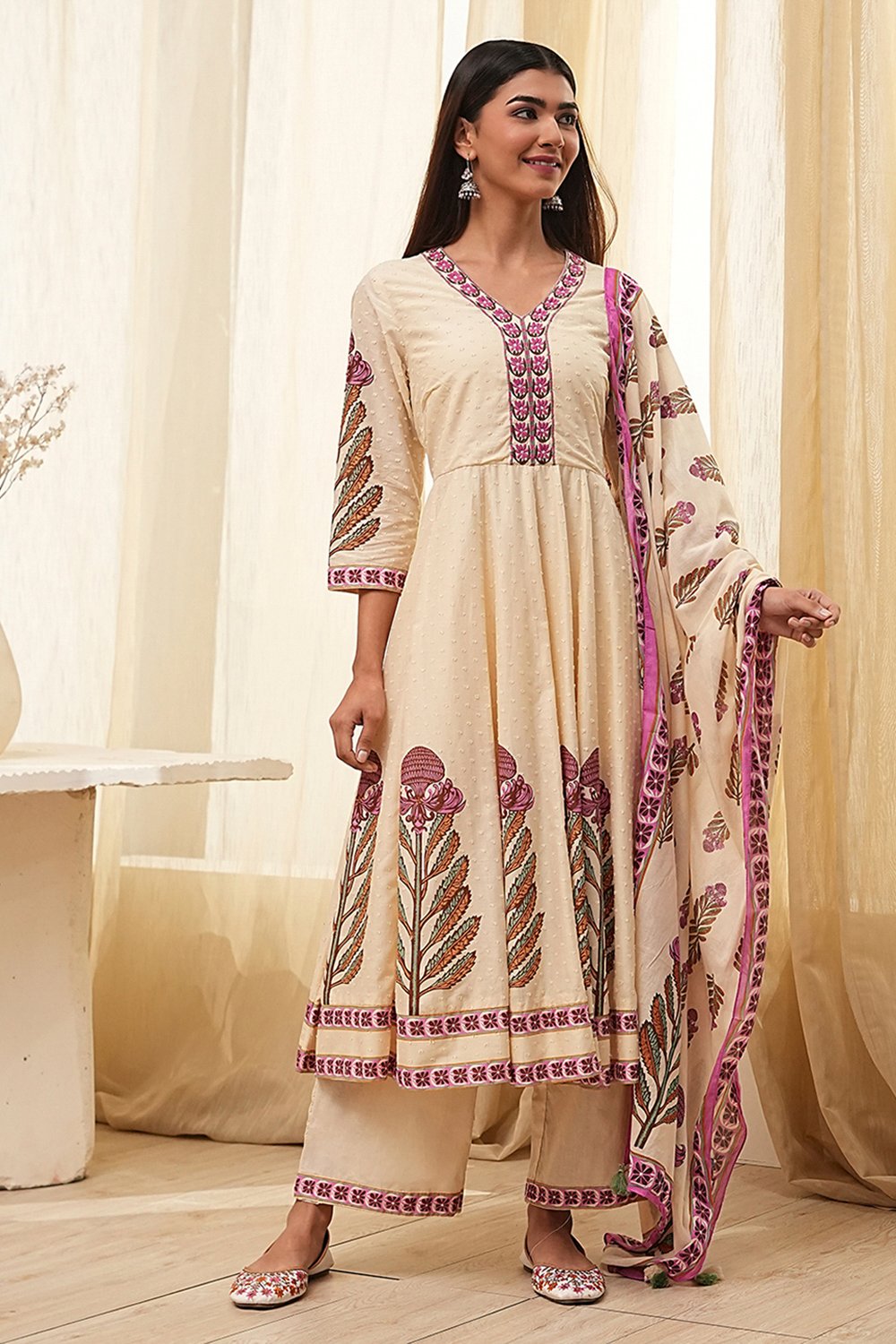 Beige Cotton Printed Anarkali Suit Set image number 6