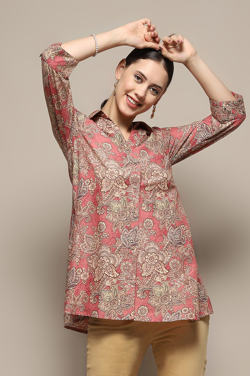 Rust Cotton Floral Printed A-Line Shirt Style Kurti image number 1