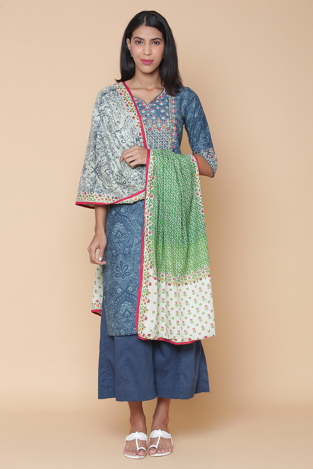 Blue Cotton Straight Kurta Flared Palazzo Suit Set image number 6