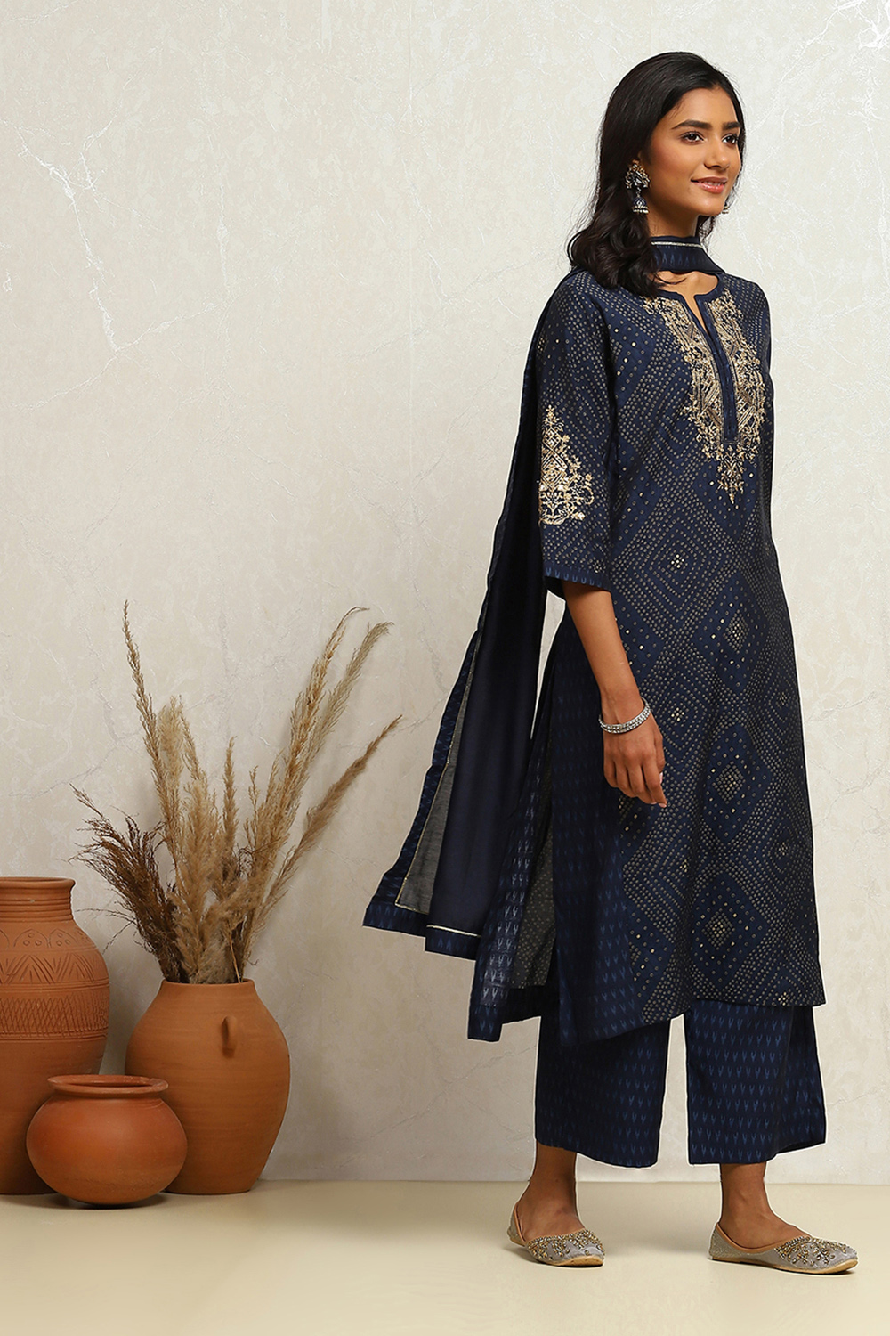 Indigo Modal Chanderi Bandhani Printed Straight Suit Set image number 5