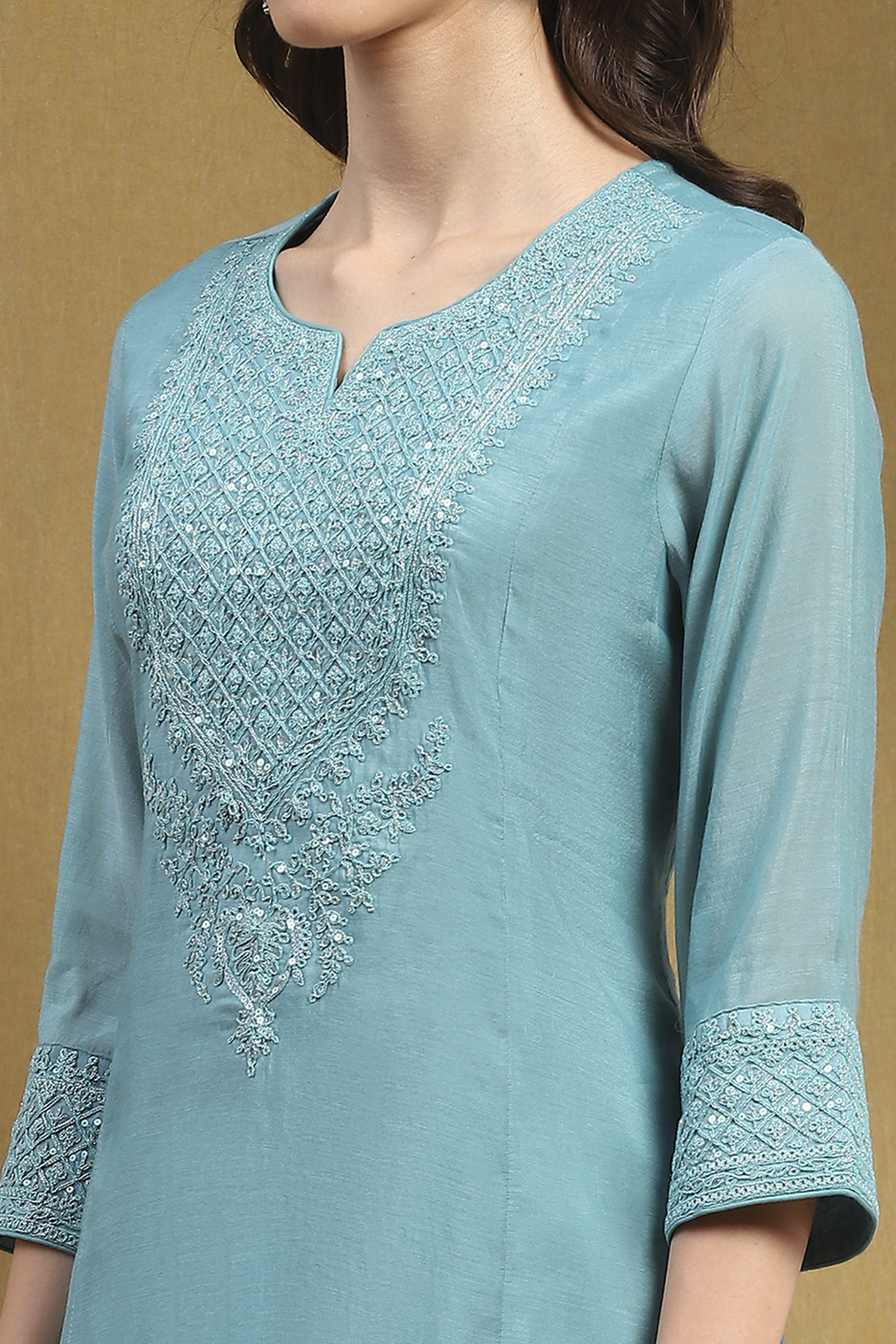 Turquoise Polyester Blend Kalidar Suit Set image number 1