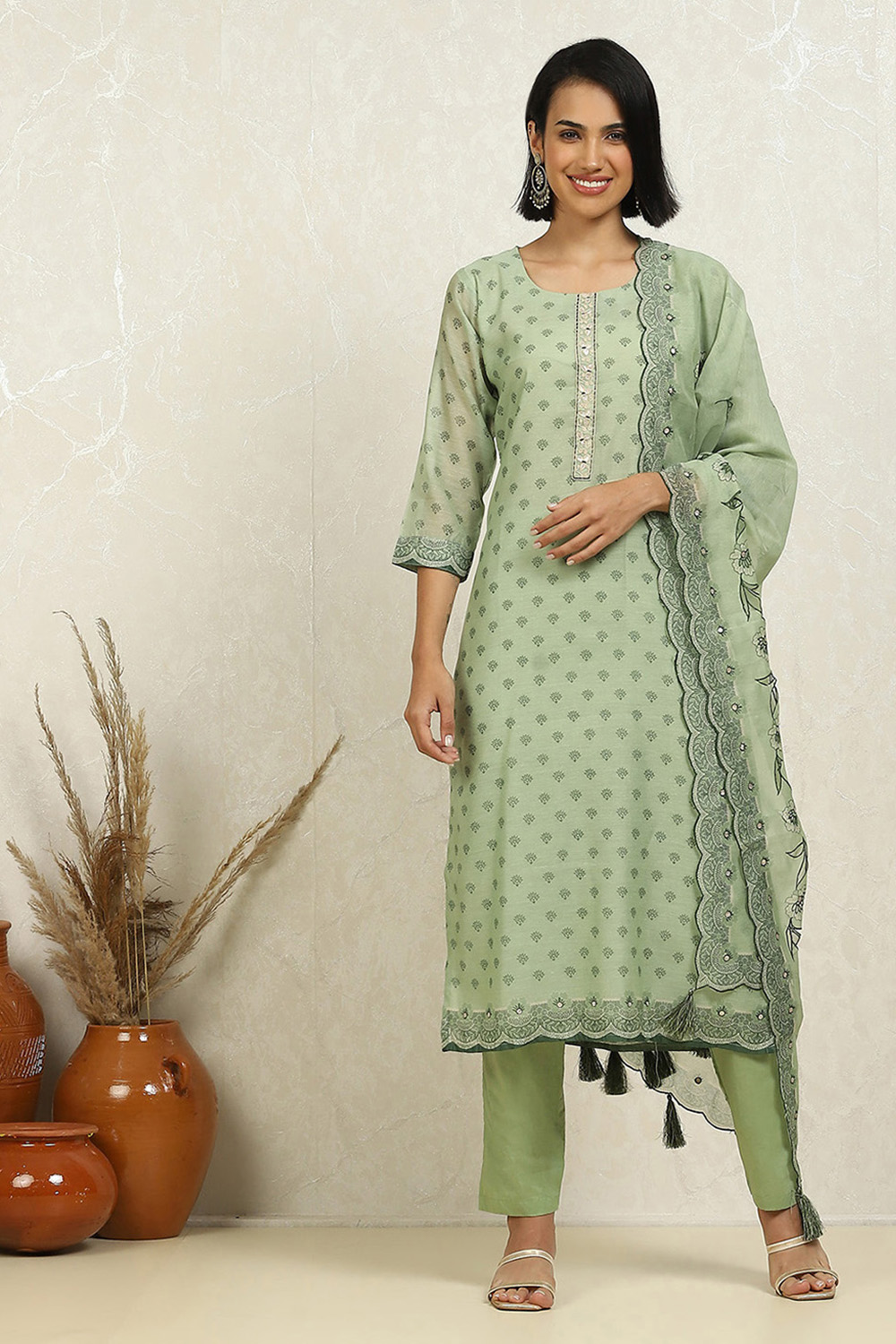 Light Green Chanderi Floral Printed Unstitched Suit Set image number 1