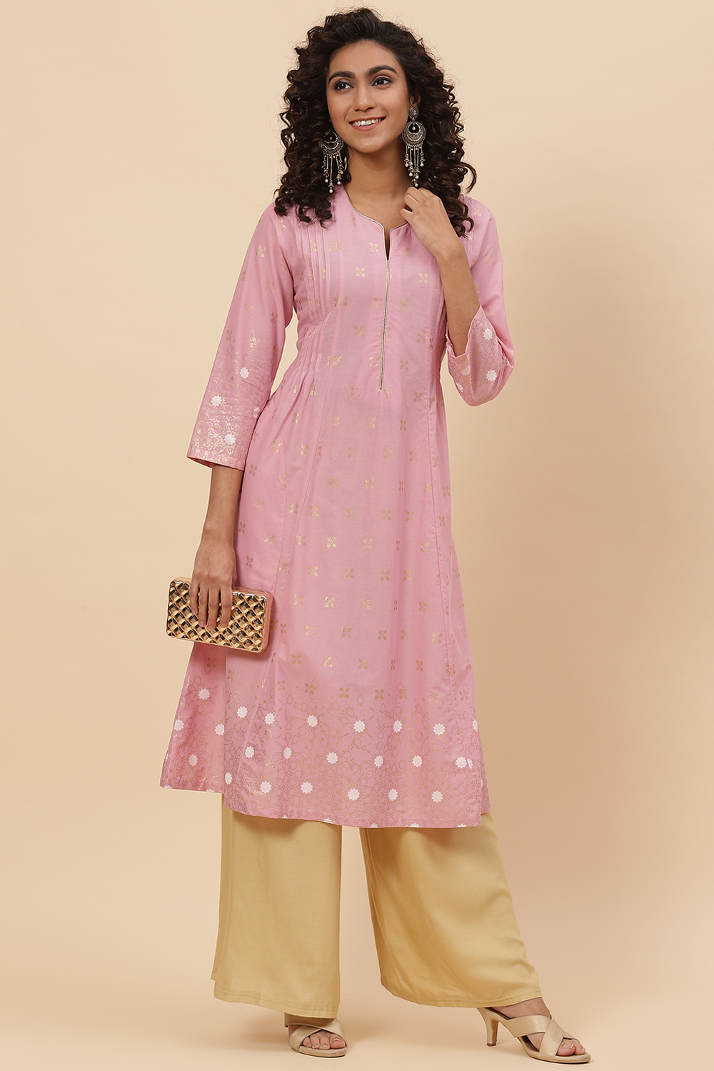 Pink Cotton A Line Kurta image number 5