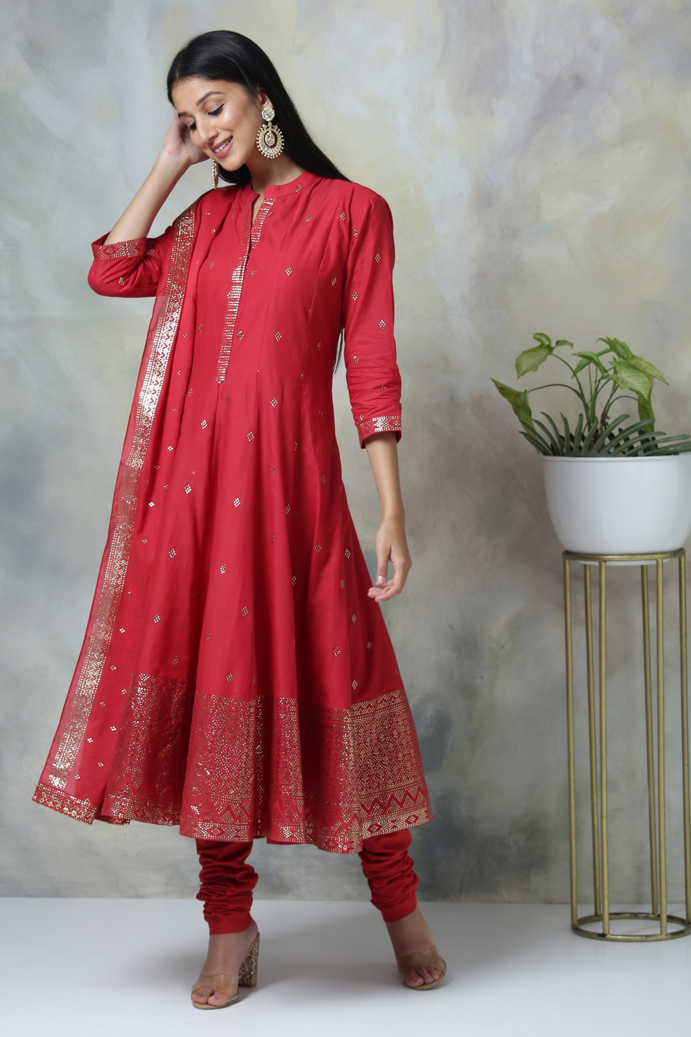 Red Cotton Kalidar Kurta Churidar Suit Set image number 5