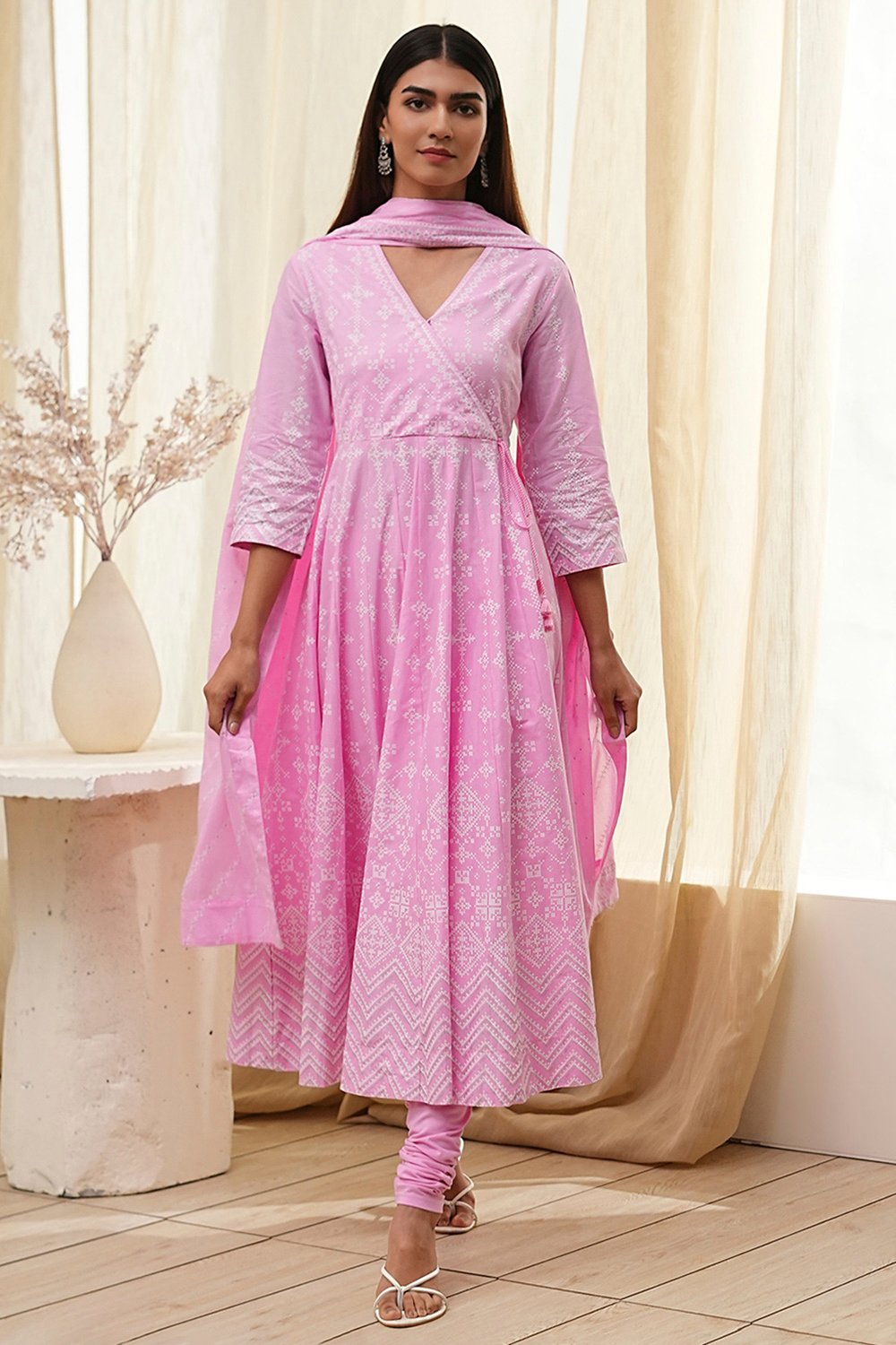 Off-White and Pink Cotton Anarkali Suit Set image number 6