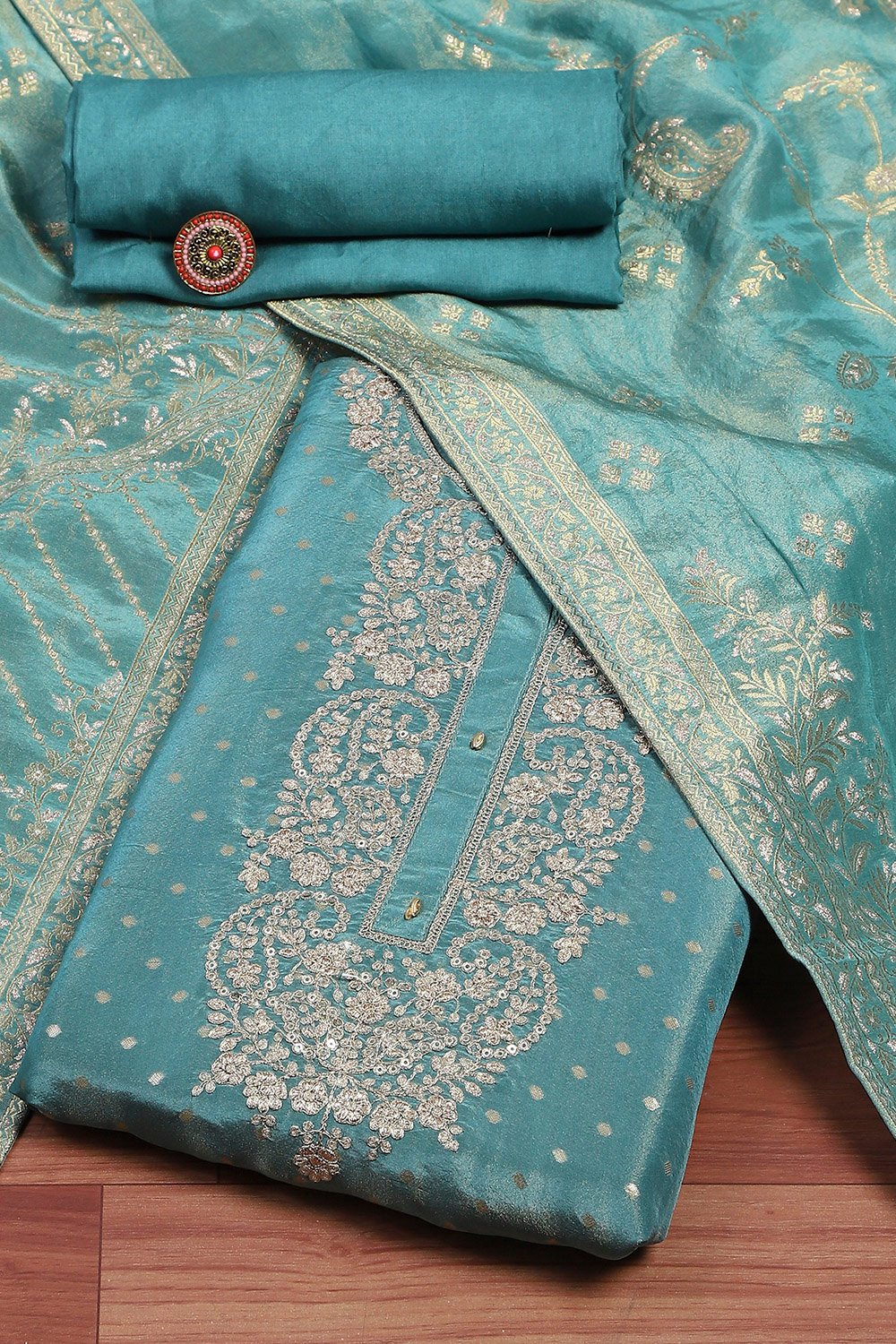 Pastel Blue Tissue Woven Unstitched Suit Set image number 0