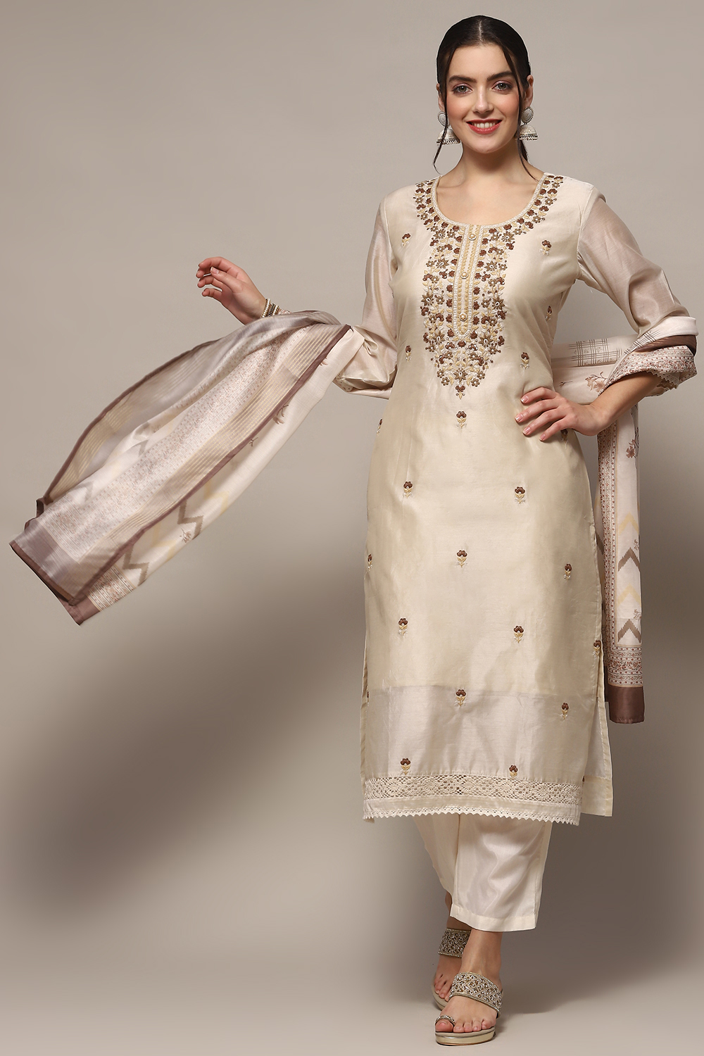 Off White Chanderi Blend Unstitched Suit set image number 1