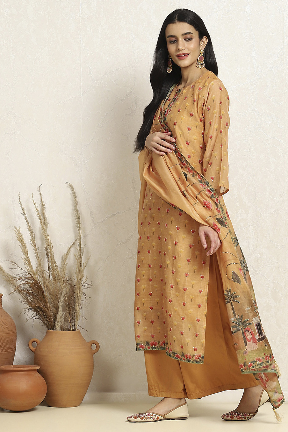 Dull Yellow Chanderi Floral Katha Work Unstitched Suit Set image number 4