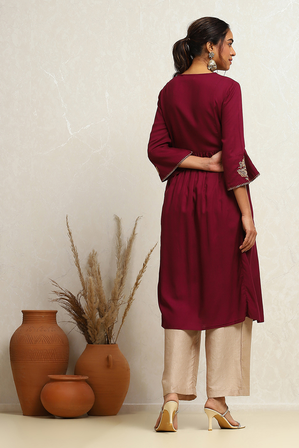 Wine Yoke Design Festive A-Line Kurta image number 3