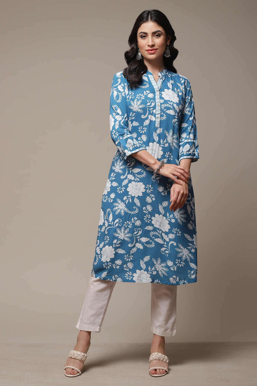 Sky Blue Rayon Straight Printed Kurta