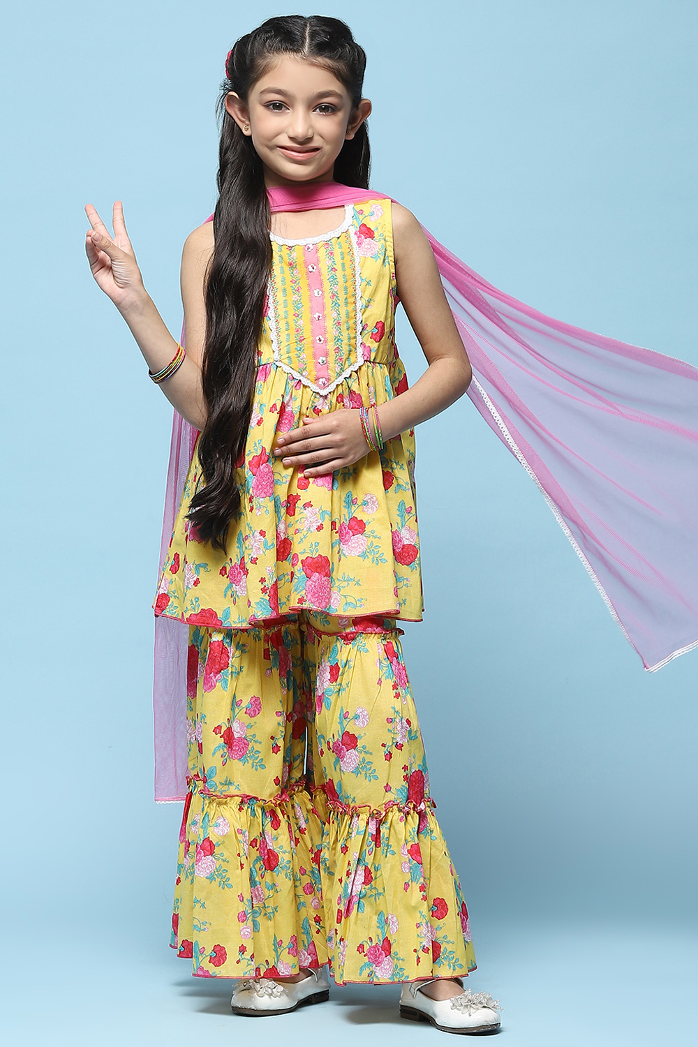 Yellow Cotton Peplum Kurta With Sharara & Net Dupatta image number 0