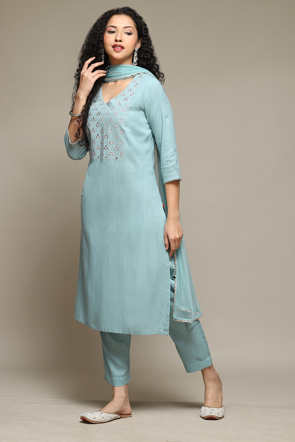 Yellow Rayon Straight Kurta Pants Suit Set image number 5