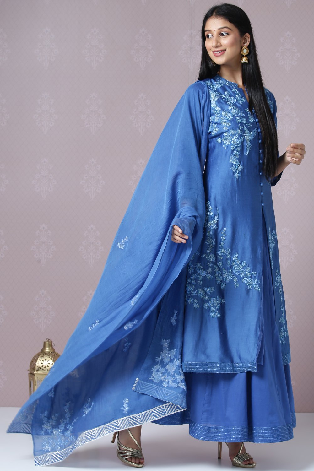 Blue Cotton Silk Front Open Kurta Skirt Suit Set image number 2