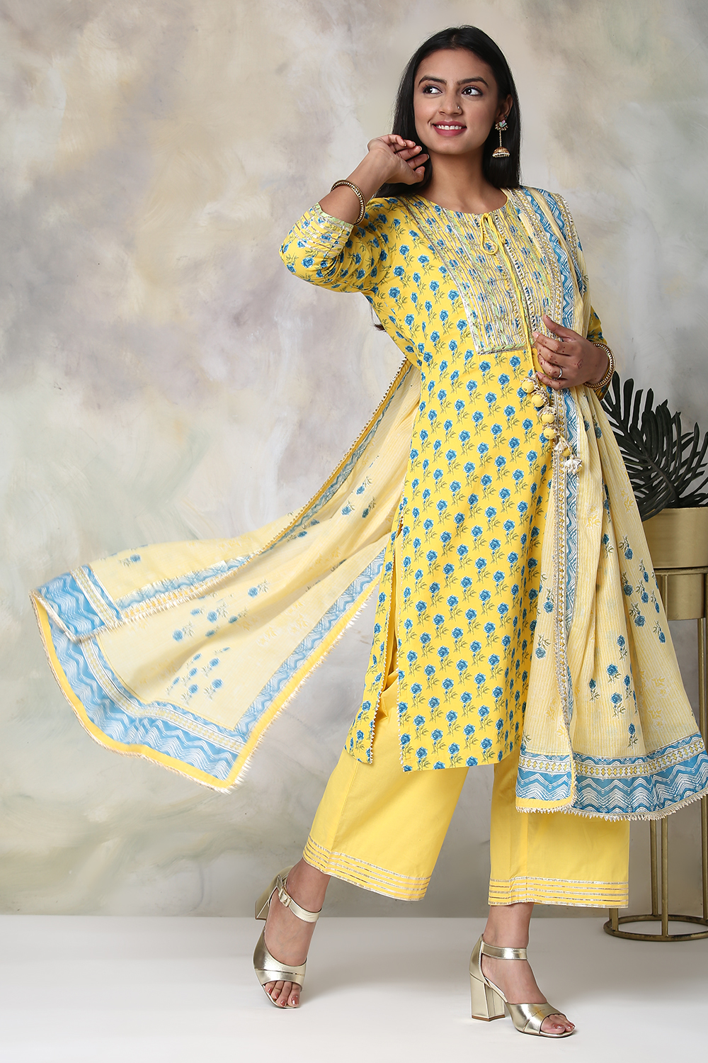 Yellow Cotton Straight Kurta Palazzo Suit Set image number 8