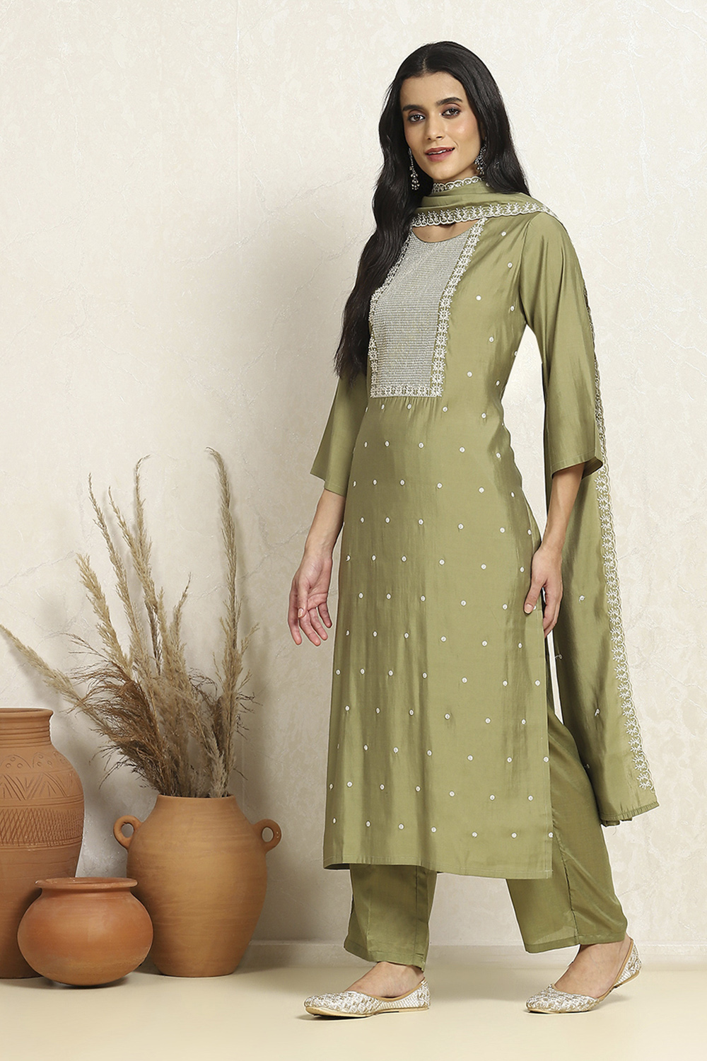 Green Silk Blend Machine Embroidered Unstitched Suit Set image number 4