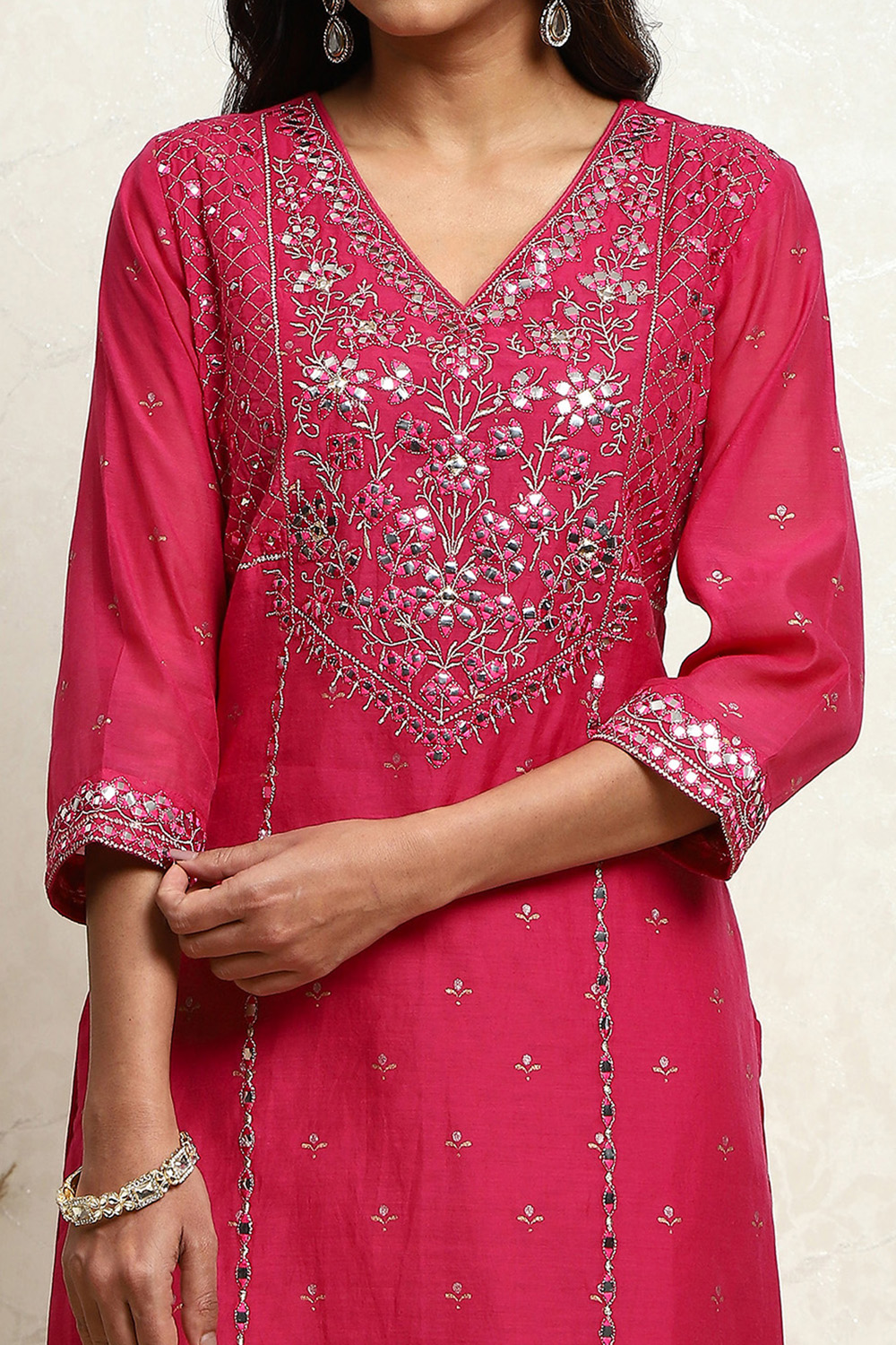 Fuchsia Poly Chanderi Embroidered Festive Straight Suit Set image number 1