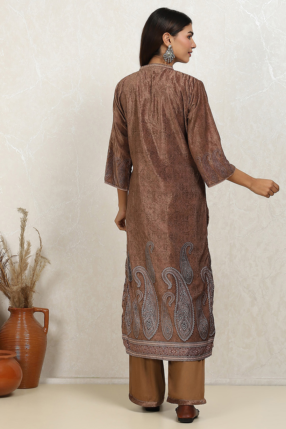 Brown Velvet Digital Print Unstitched Suit Set image number 5