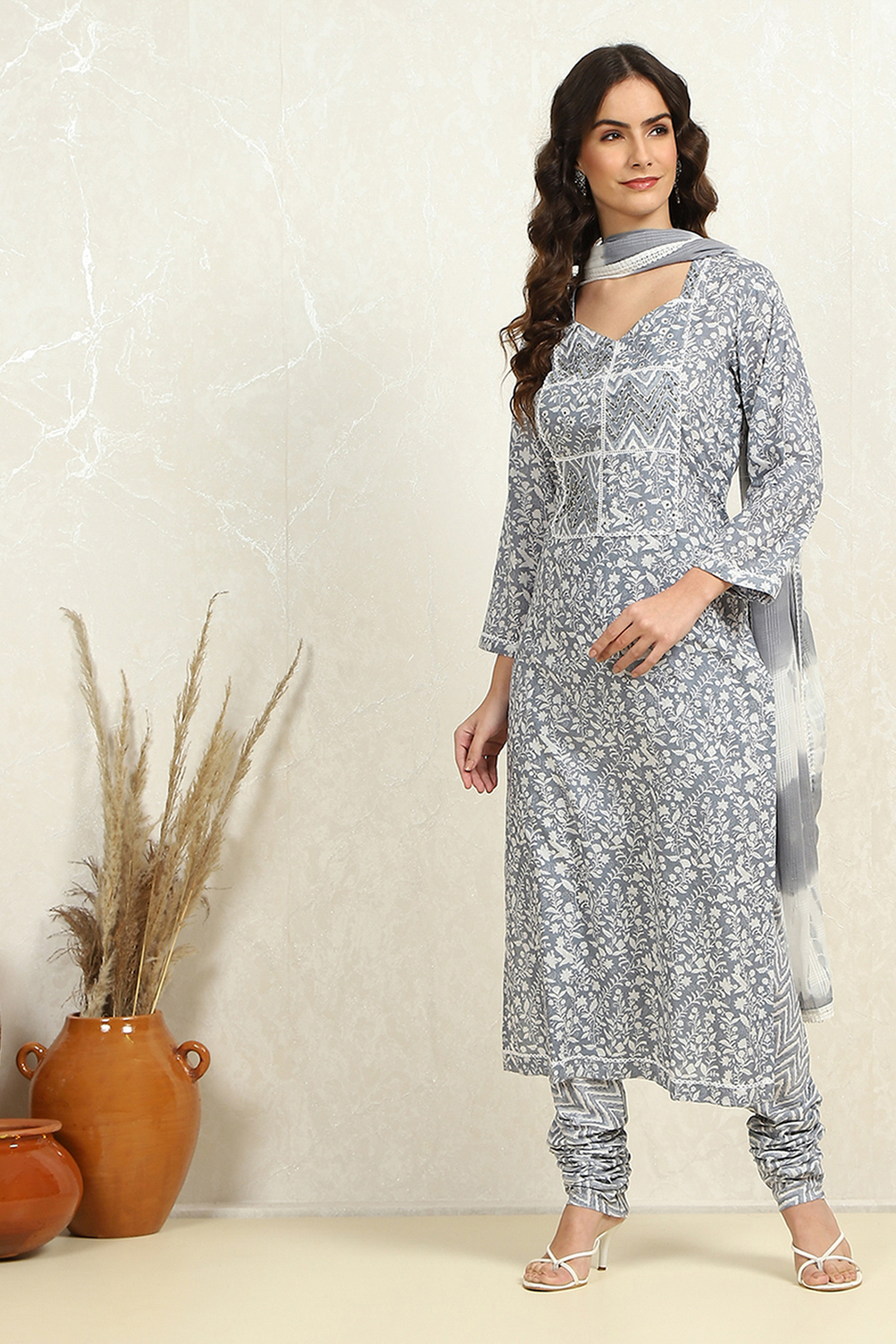 Grey Cotton Floral Printed Unstitched Suit Set image number 5