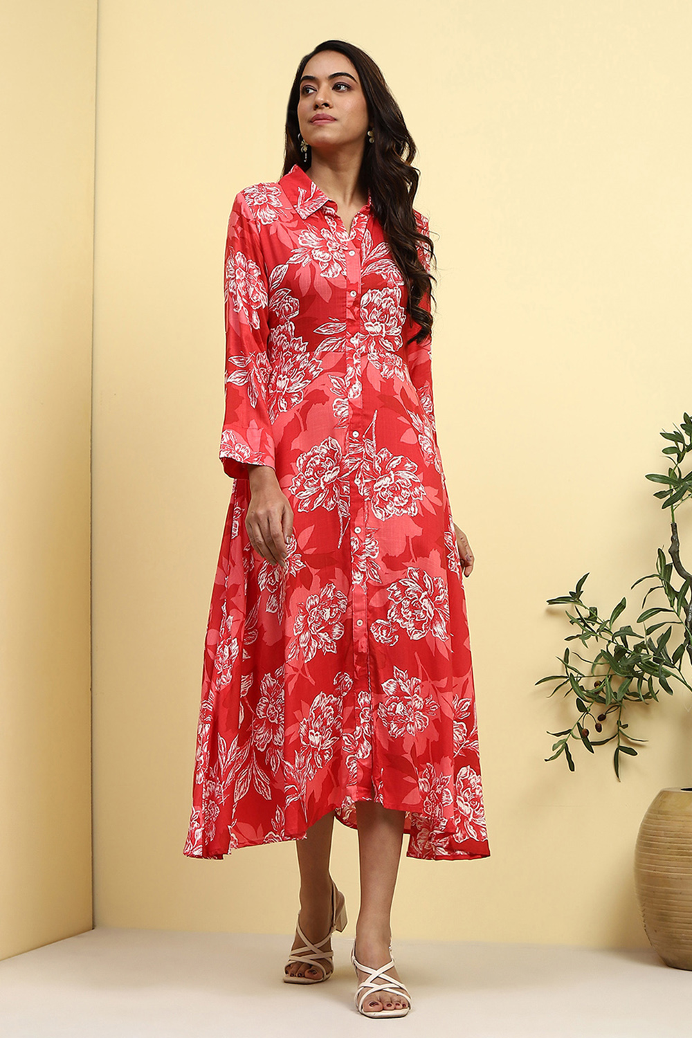 Blue Floral Printed Shirt Style A-line Dress image number 5