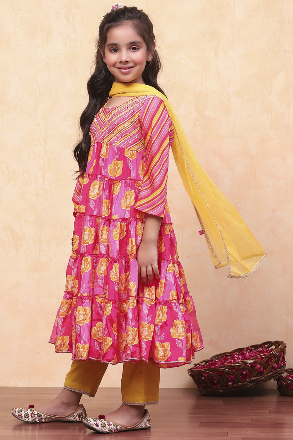 Pink and Yellow Floral Tiered Flared Festive Suit Set image number 3