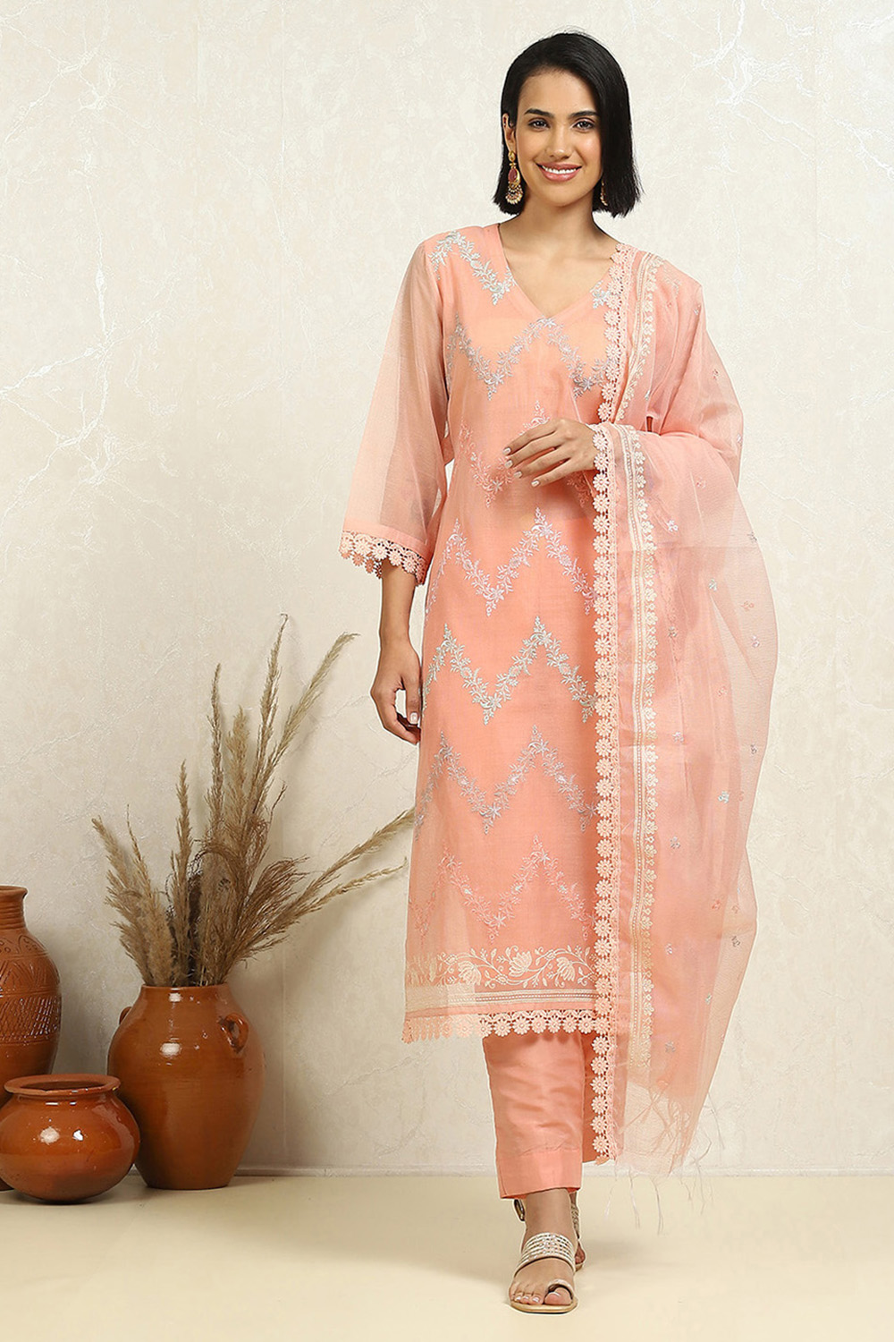 Peach-Coloured Floral Embroidered Unstitched Suit Set image number 7