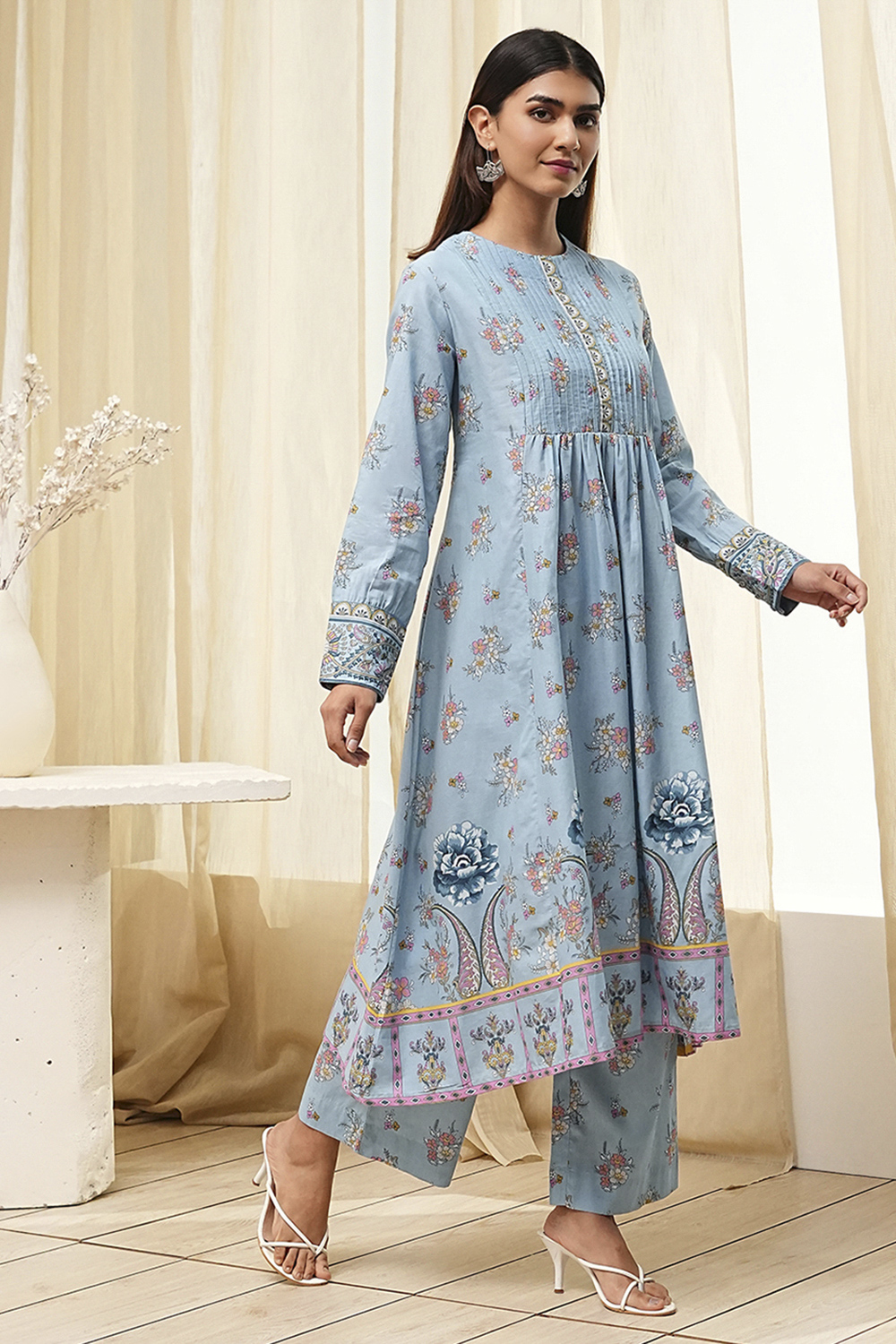 Dull Blue Cotton Flared Printed Fusion Set image number 5