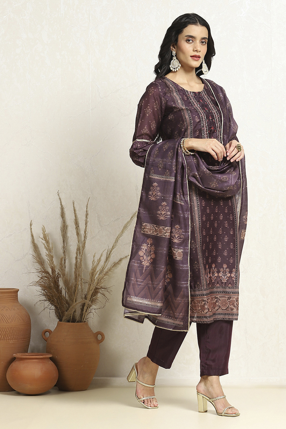 Blue Chanderi Floral Printed Festive Unstitched Suit Set image number 6