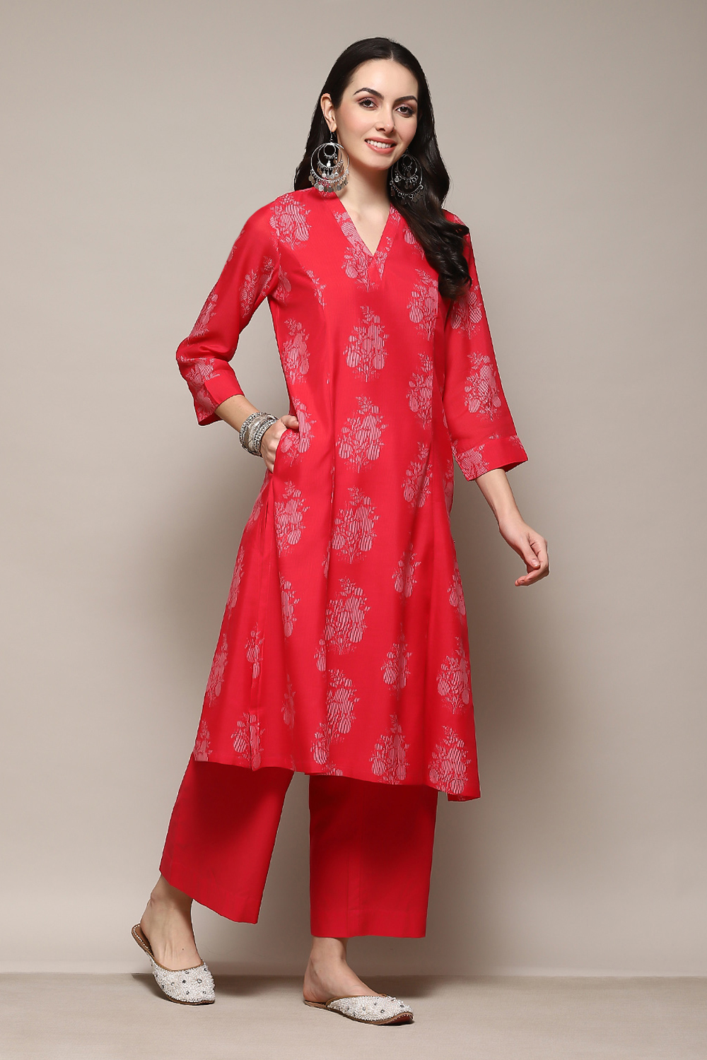 Pink Poly Chanderi A-Line Printed Kurta Palazzo Suit Set image number 5