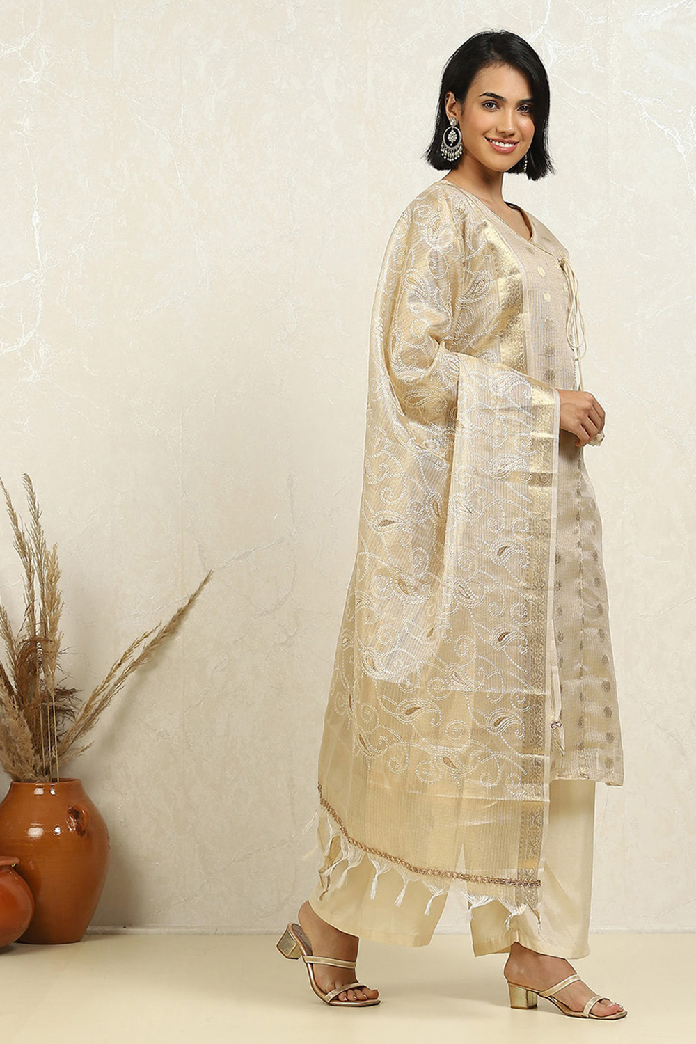 Beige Tissue Woven Design Unstitched Suit Set image number 6