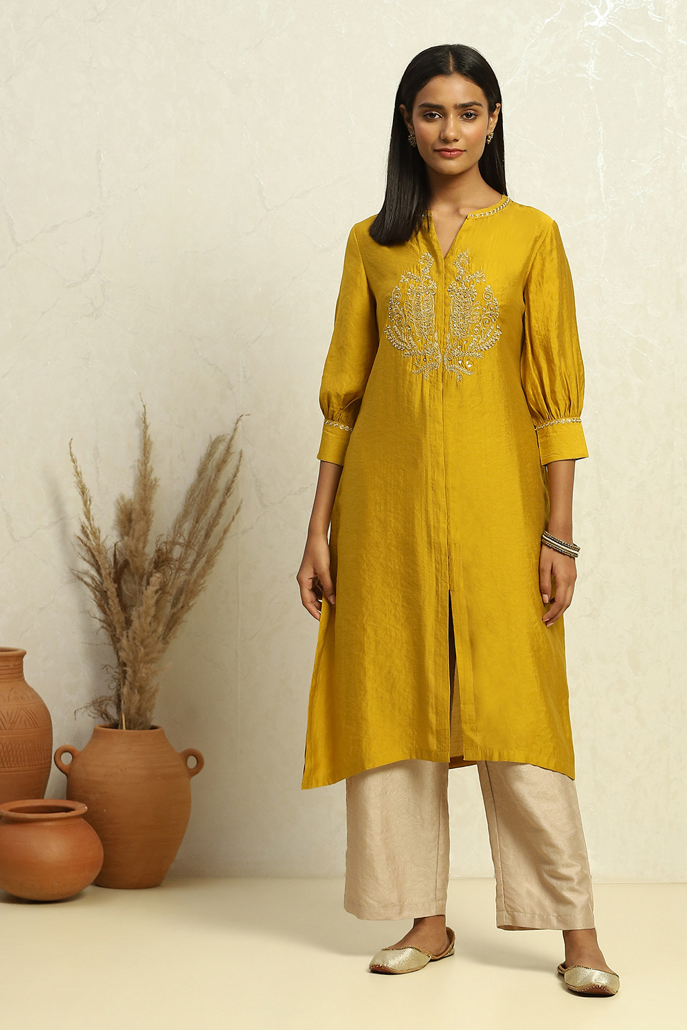 Yellow Embroidered Festive Straight Kurta image number 0