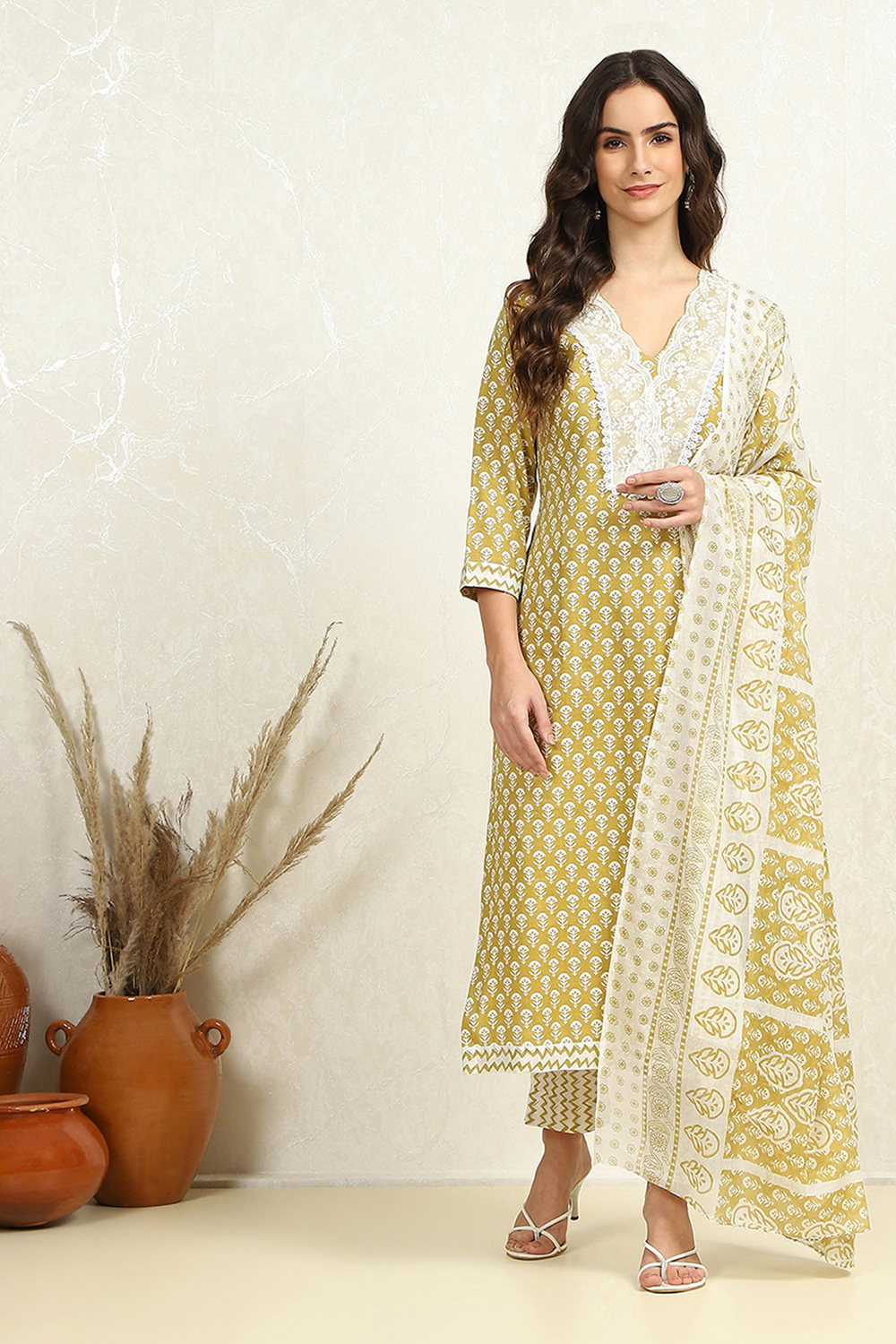 Green and White Cotton Printed Unstitched Suit Set  image number 1