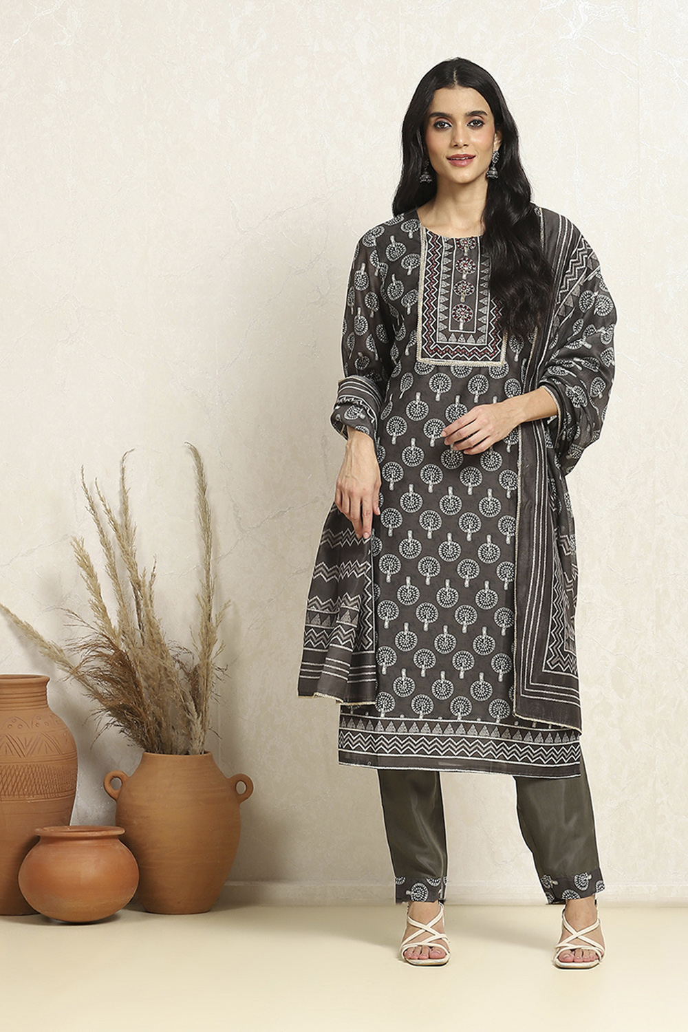 Slate Green Chanderi Printed Unstitched Suit Set image number 1